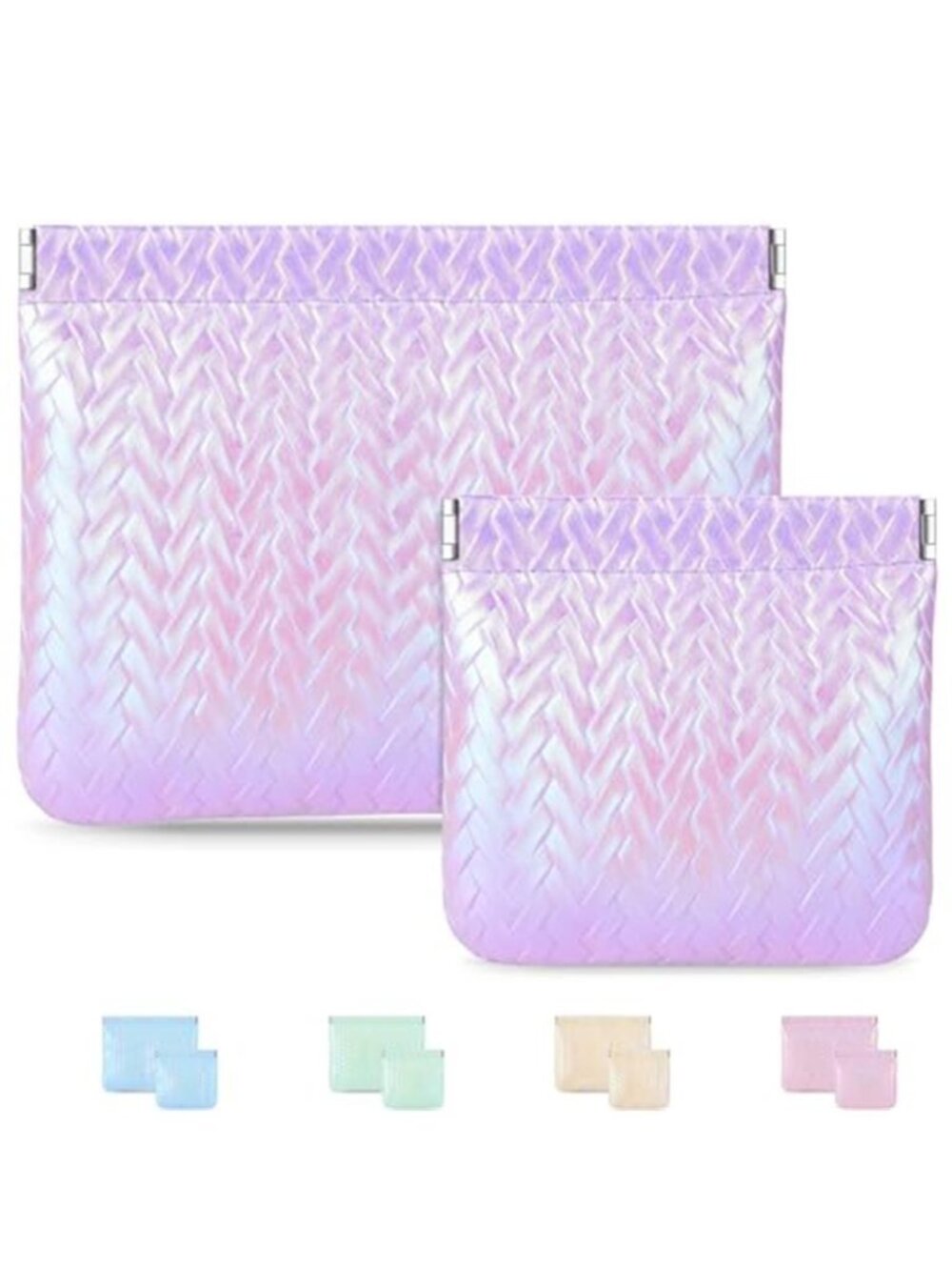 2 Pack Holographic Woven Cosmetic Pouch PU Leather Snap Closure